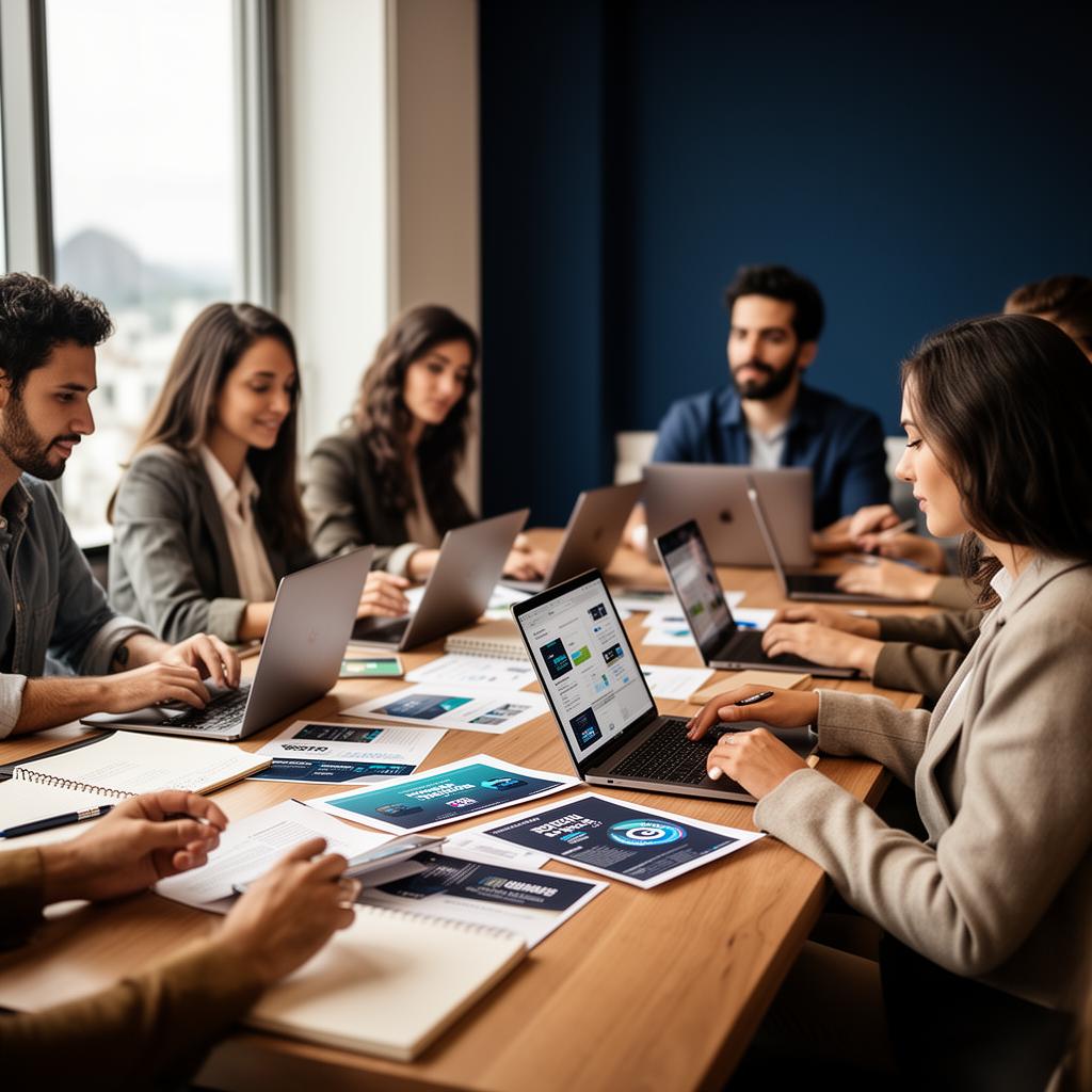 Equipe de marketing colaborando em estratégia de marca em ambiente de agência